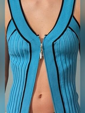 Cache Turquoise Ribbed Zip-Front Tank with Silver Zipper